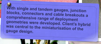 With single and tandem gauges, junction blocks, connectors and cable breakouts a comprehensive range of deployment geometries were developed. Clients hybrid was central to the miniaturisation of the gauge design.